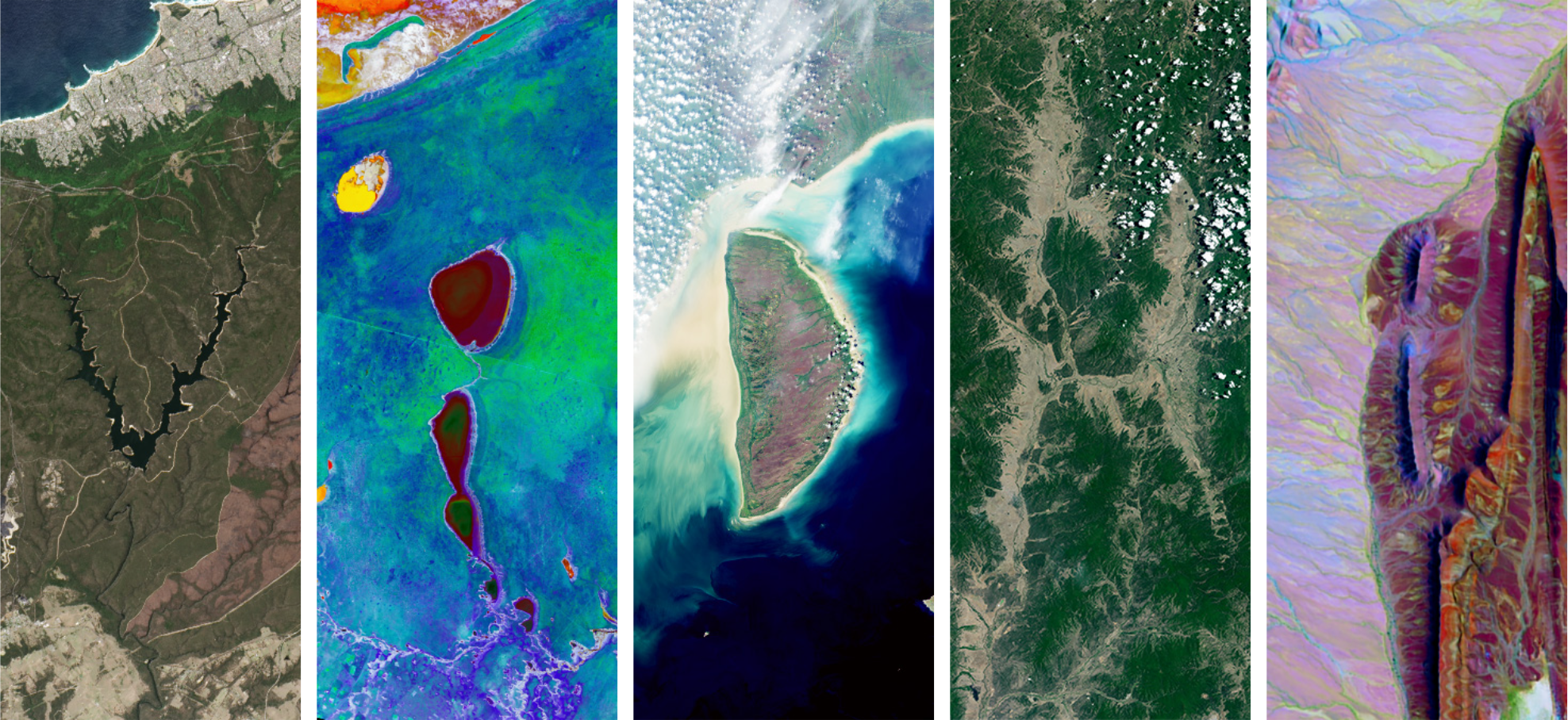 Five vertical Landsat image strips showing coastline, thermal water signatures, a bright coastal island, mountain terrain, and false-colour geology.
